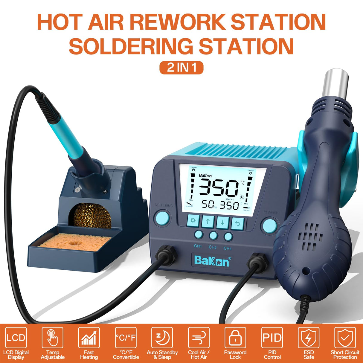 BAKON 882 2-In-1 SMD Hot Air Rework and Soldering Station with LCD Display,°F /°C,Auto Sleep & Standby,Digital Correction, Solder Wire, Tips,Tweezers, Nozzles,Solder Sucker BAKON