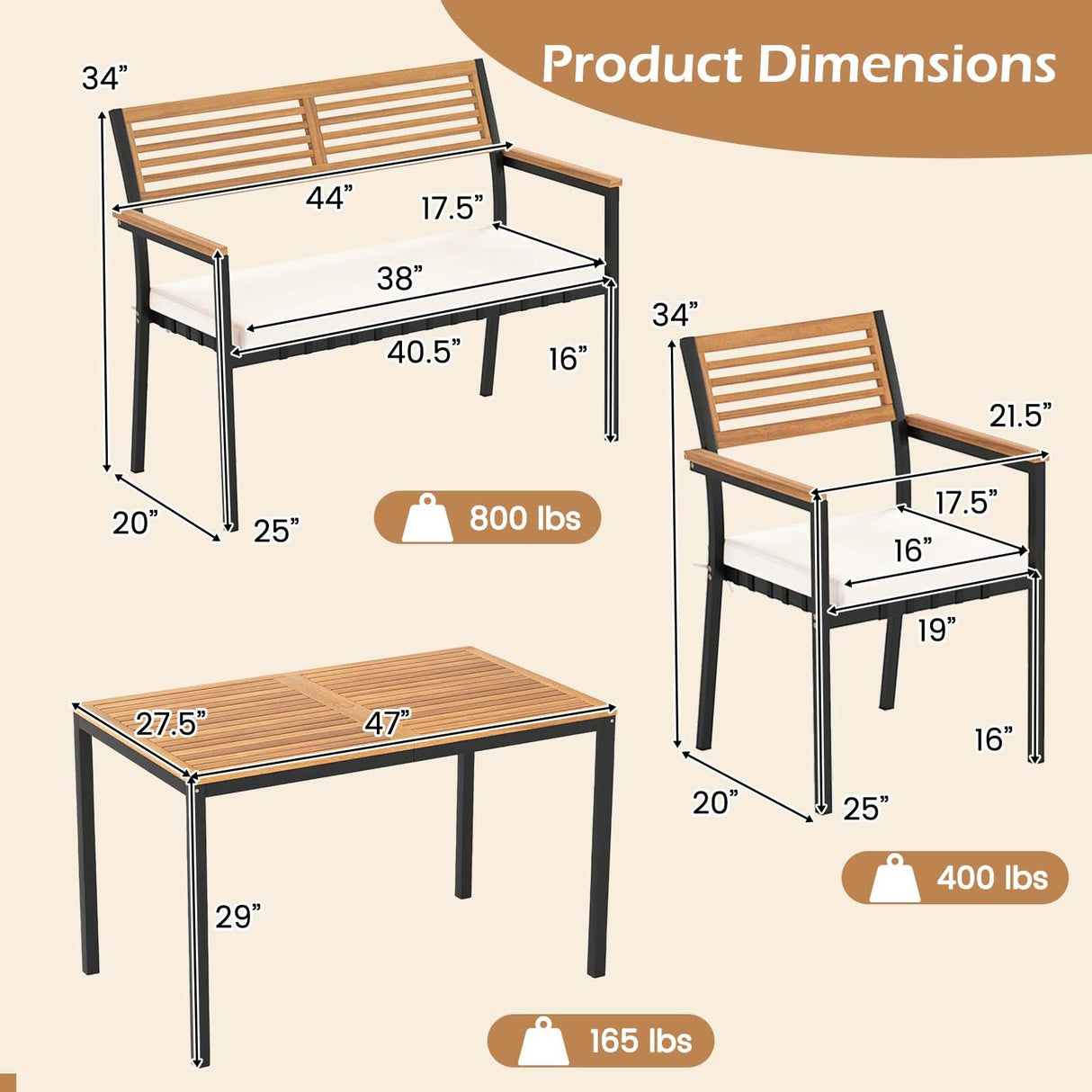 Toolsempire 4 Pieces Patio Dining Table Set, Outdoor Rectangle Table w/Loveseat & 2 Stackable Chairs, Cushions, Umbrella Hole, Acacia Wood Armrests & Tabletop, Dinette Furniture for Backyard Garden Toolsempire