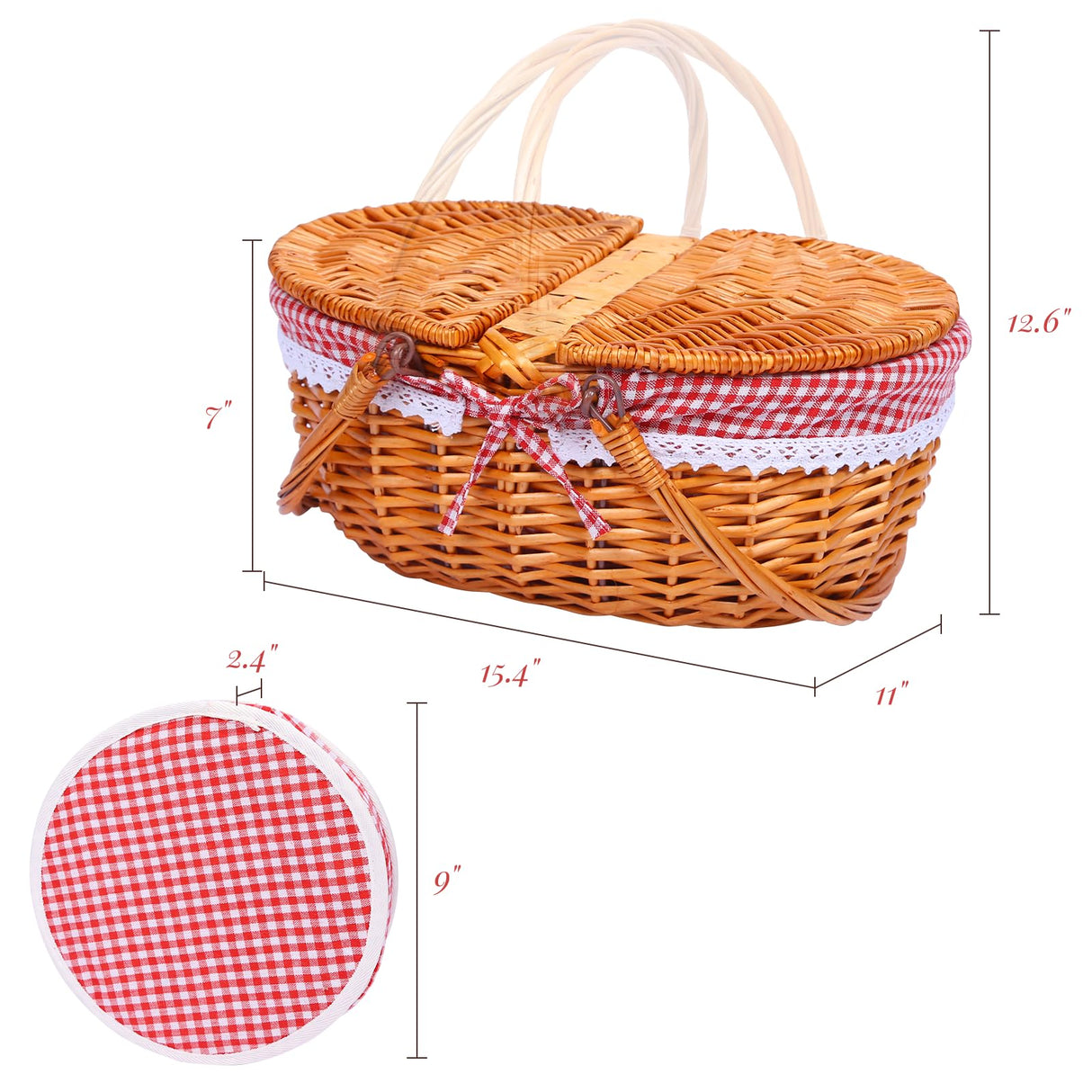 HYBDAMAI Wicker Picnic Basket Set for 4 with Lid and Handle Picnic Hamper with Washable Lining and Cutlery Set for Outdoor, Camping, Halloween, Christmas, and Birthday HYBDAMAI