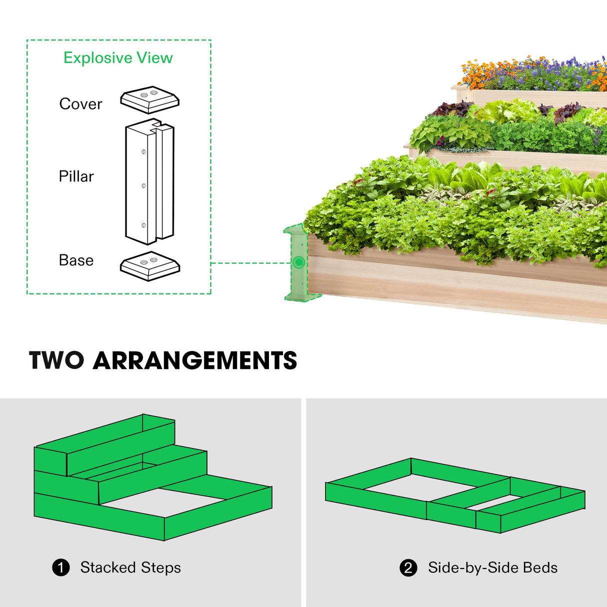 VIVOSUN 3-Tier Wooden Raised Garden Bed, 48 x 48 x 21 Inches, Outdoor Wood Planter Kit for Plants, Herbs, and Vegetables for Garden, Patio, Balcony, Backyard and Outdoors VIVOSUN