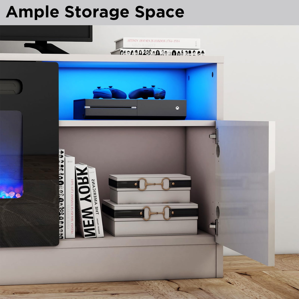 AMERLIFE TV Stand with Fireplace, LED Light Entertainment Center with 36" Electric Fireplace, 70" Modern Wood Entertainment Stand with Highlight Storage Cabinet for TVs up to 80", Grey AMERLIFE