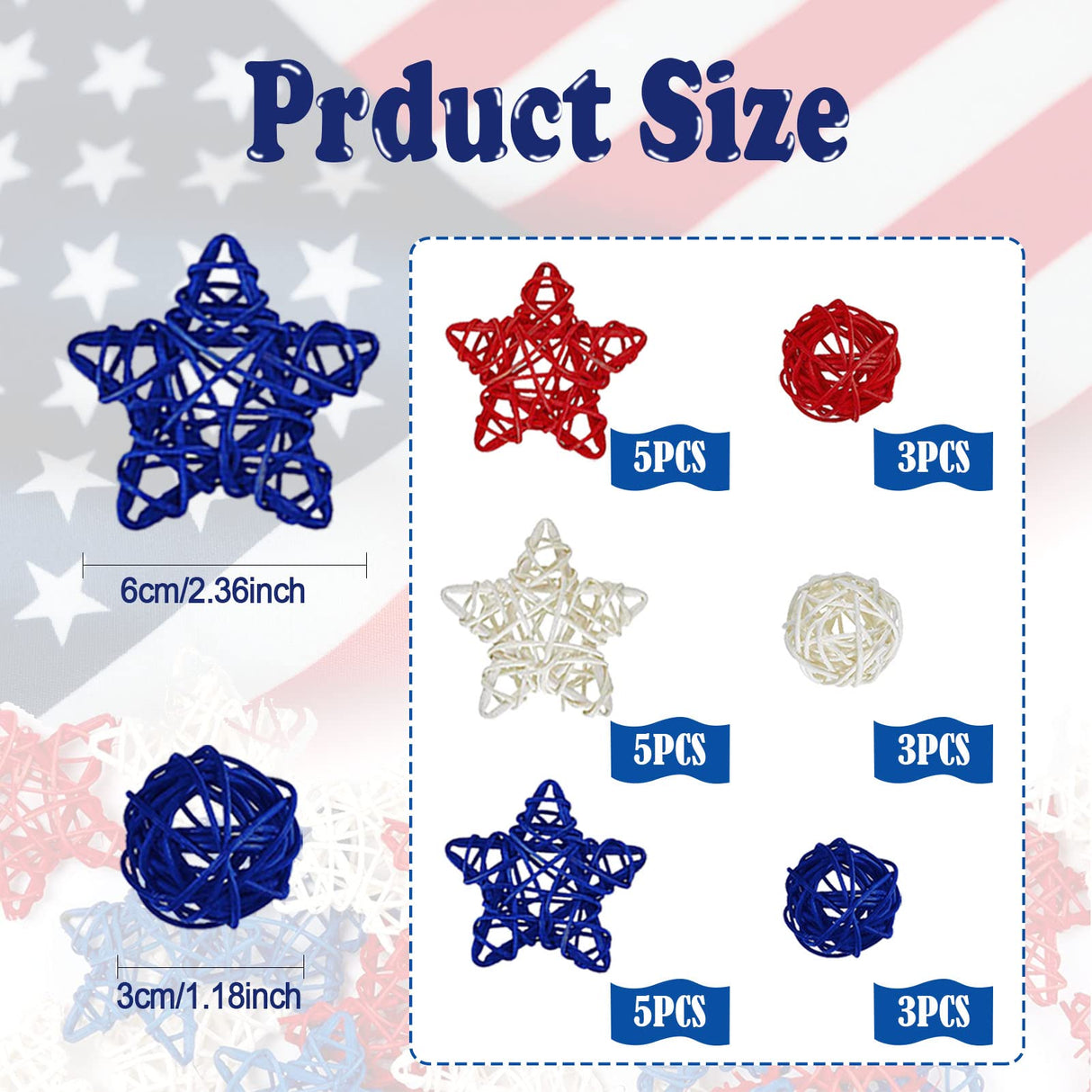 OZIO-US 24 Pcs 4th of July Star Rattan Balls Decoration, Red Blue White Stars for 4th of July Independence Day Home Decor DIY Vase Bowl Filler Ornament Table Decoration OZIO-US
