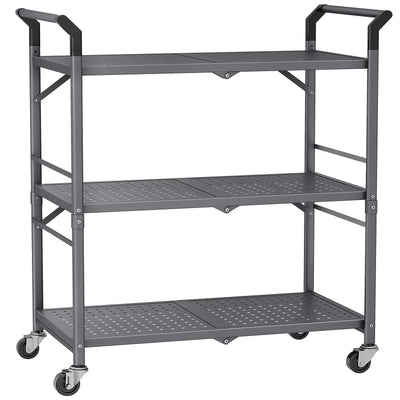 Rolling Utility Cart Folding Cart - 3 Tier Metal Cart with Wheels, Large Capacity Service Cart Storage Shelf Cart