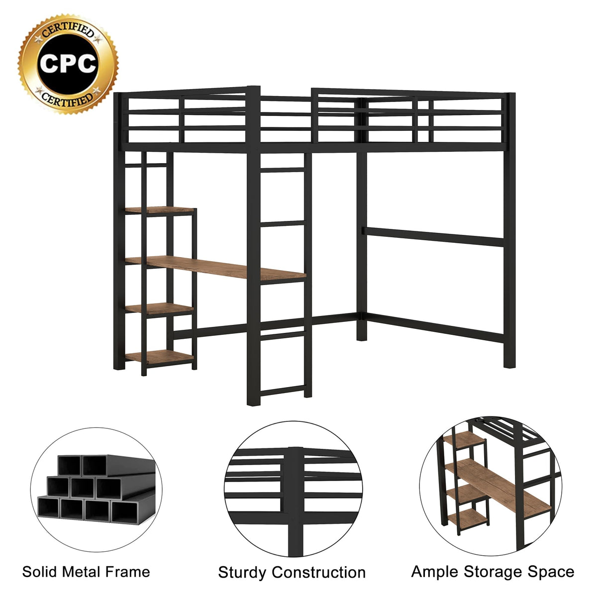 Bellemave Black Metal Loft Bed with Desk and Storage Shelves for Kids and Teens Bellemave