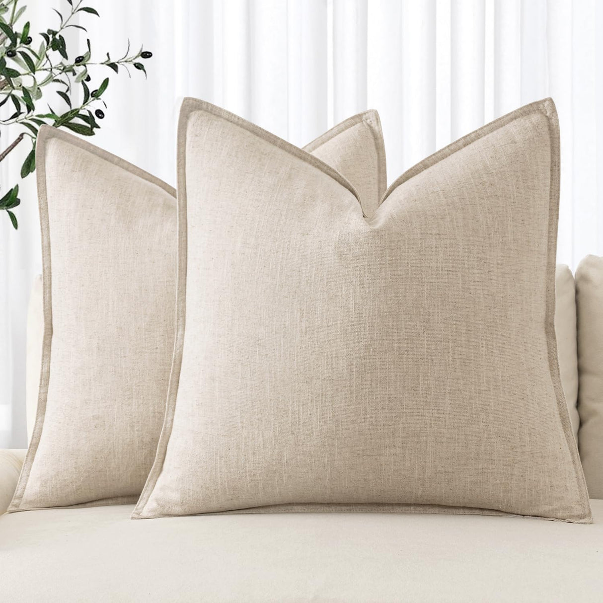 MIULEE Decorative Linen Pillow Covers 18x18 Inch Natural Beige Boho Farmhouse Neutral Christmas Couch Throw Pillows for Bed Pack of 2 Accent Modern Pillowcase Sofa Livingroom Home Decor MIULEE