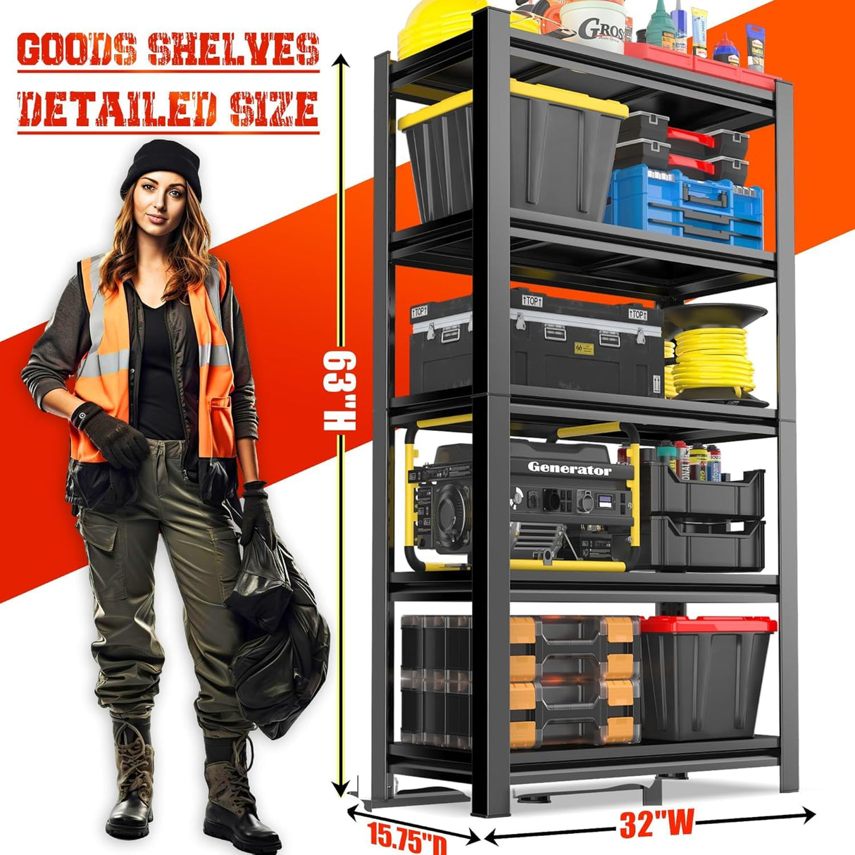 PRESTELION 5-Tier Storage Shelving 32" W Steel Heavy Duty Shelving Unit with Shelves for Heavy Duty Metal Shelving Adjustable Garage Shelving Rack Storage Kitchen, 63" H X 32" W X 16" D, Black PRESTELION