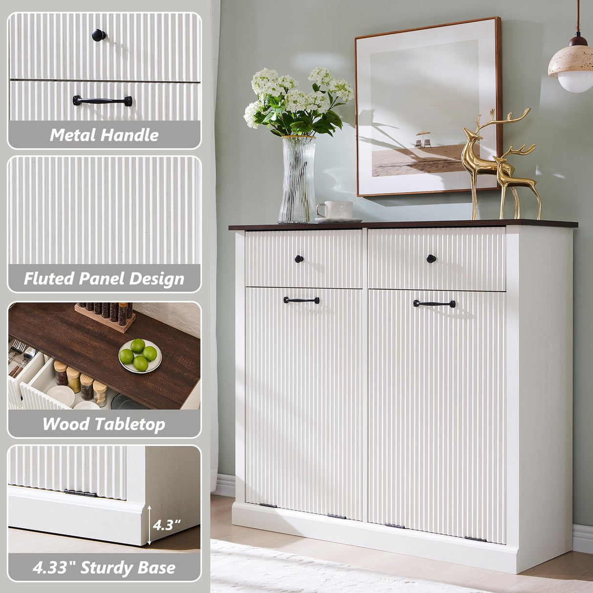 IFGET Modern Double Tilt-Out Trash Cabinet, 20 Gallon Fluted Laundry Hamper Cabinet with 2 Drawers, Wooden Hidden Garbage Can Cabinet with Storage Basket,Free Standing for Kitchen & Living Room, White IFGET