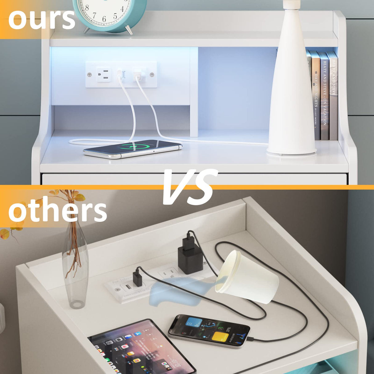 Vabches Nightstand with Charging Station, LED Nightstand with 3 Drawers, Smart Night Stand Bed Side Table, Wood Nightstand for Bedroom Living Room Vabches