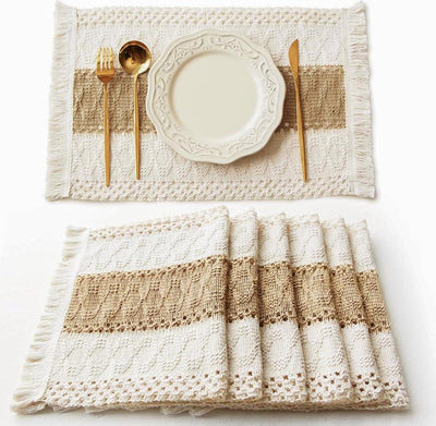 FEXIA Boho Placemats Set of 6, Macrame Table Decor Farmhouse Style Placemats in Natural Cotton Burlap, for Kitchen and Dining Table Centerpiece Home Decorations(Beige & Brown)