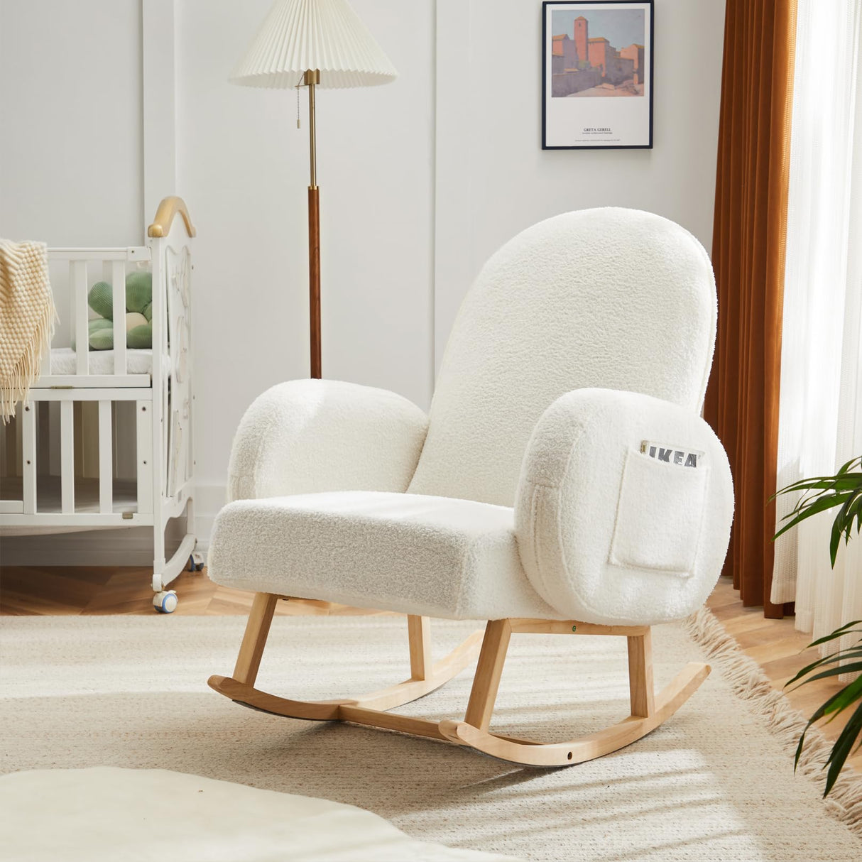 Jocoevol Upholstered Rocking Chair, Glider Chair with Side Pocket, Rocking Accent Chair with Rubber Wood Legs, Wooden Nursery Rocking Chair for Living Room, Bedroom, Nursery Jocoevol