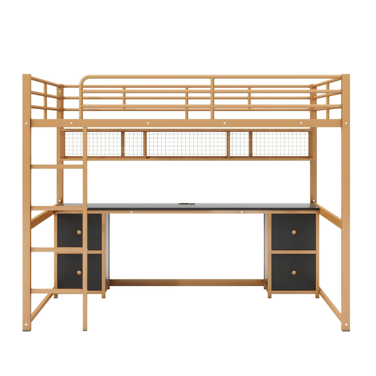 Full Size Loft Bed with Desk and Storage Drawers, Metal Loft Bed with Bookcase and Charging Station, Full Size Loft Bed Frame with Guardrail, Full Loft Bed for Kids, Gold Black Loft Bed Full Bellemave