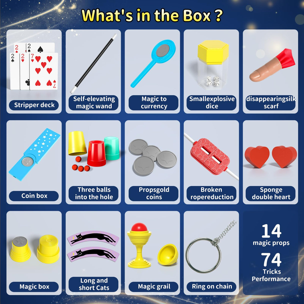 Novaluki Magic Kit for Kids - 74 Magic Tricks Performance with Manual and Videos, Magic Gift Set for 6+ Years Old Beginner Magicians, Perfect for Halloween Christmas Birthday Parties & Family Fun Novaluki