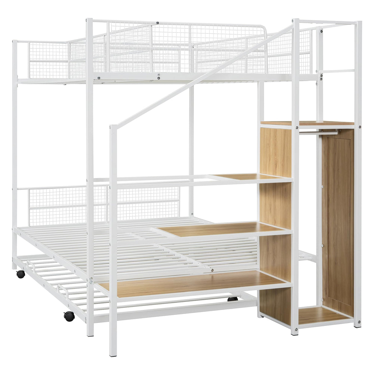 Twin Over Full Metal Bunk Bed with Trundle, Stairs, Wardrobe and Storage Shelves, Modern Style Heavy-Duty Steel Frame Bunk Bed with Safety Rail, for Bedroom, Dorm, White Bellemave