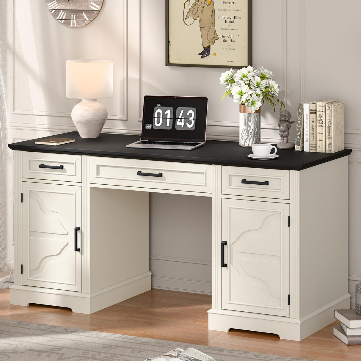 Vabches Executive Desk with Storage Drawers, Farmhouse Office Desk with Charging Station Wood Computer Desk with Ample Storage Cabinet, Rustic Home Wrting Desk with Drawers for Office, White Vabches