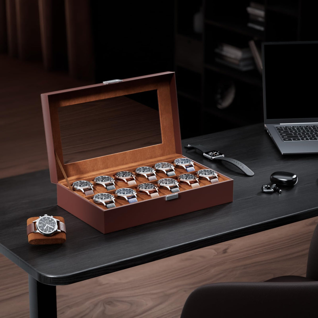 ProCase Watch Box Organizer for Men, 12 Slot Watch Display Case With Glass Lid, PU Leather Watch Storage Mens Watch Case, Watch Holder Organizer for Men Women -12 Slot, Brown ProCase