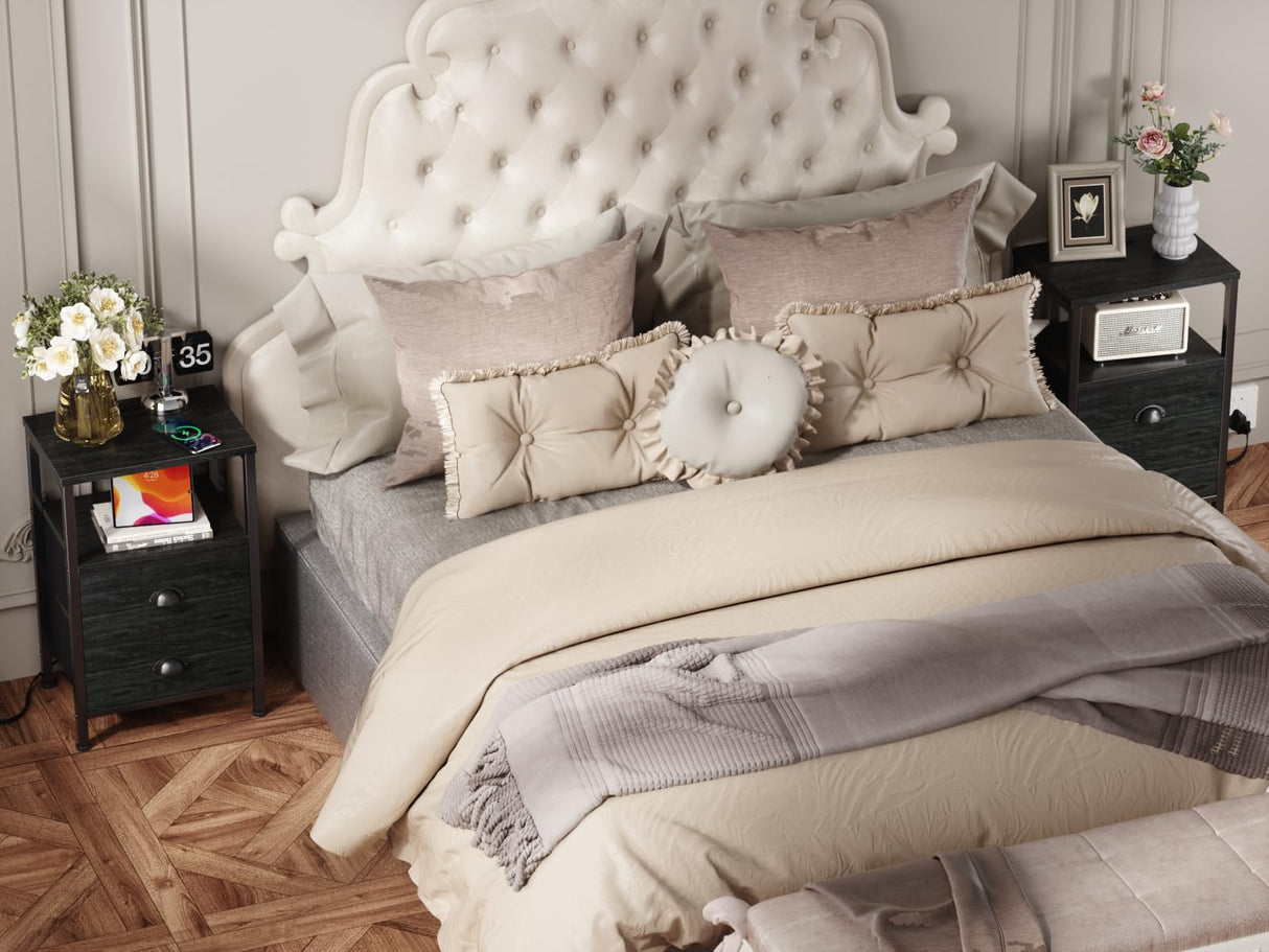 Furologee Nightstands with Charging Station, End Table with LED Lights, Black Night Stands with 2 Fabric Drawers, Bedside Tables with Shelves for Living Room/Bedroom,Black Oak Furologee