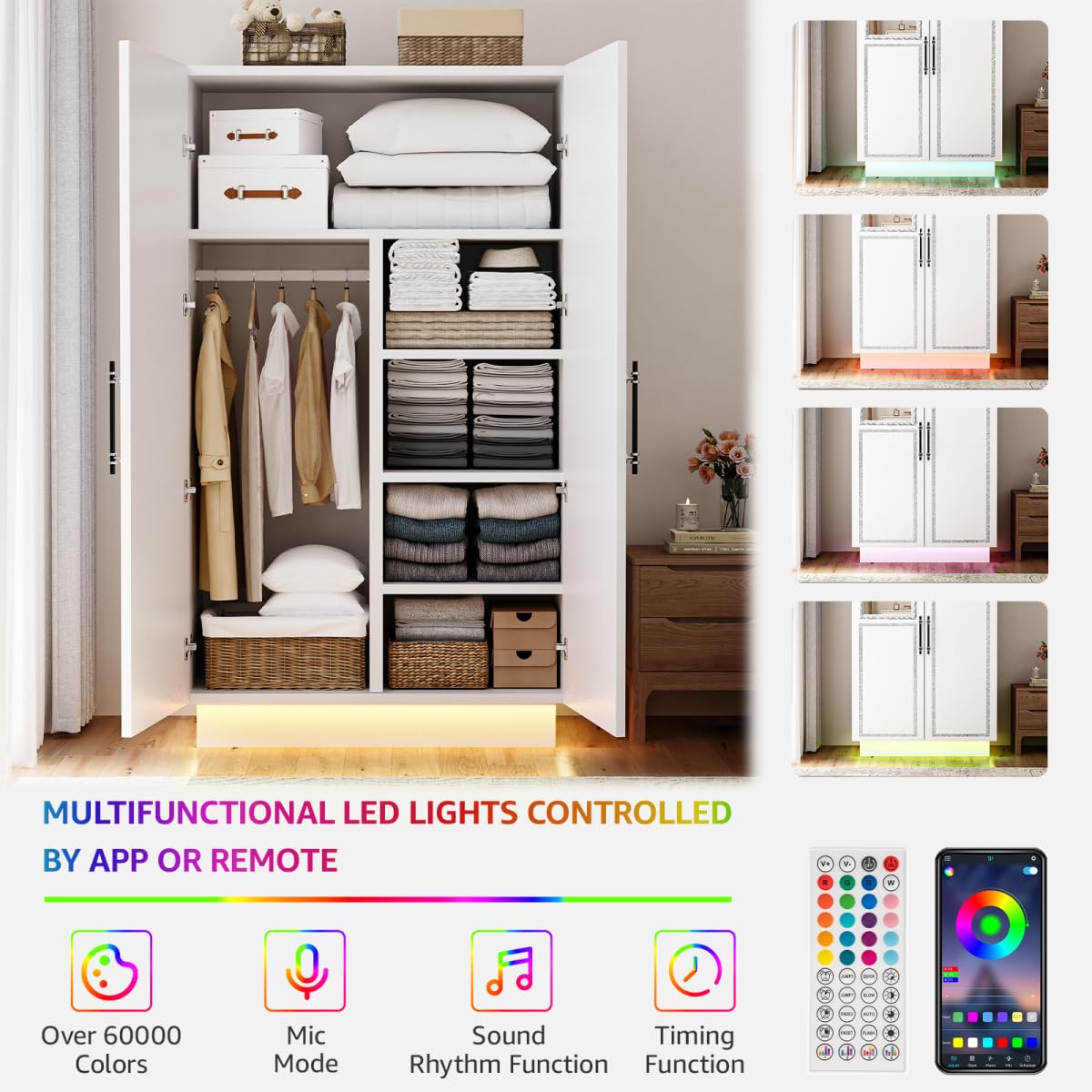 Lihimte 70" Armoire Wardrobe with Mirror Doors and LED Lights, 2 Doors Closet with Hanging Rod and Shelves, Large Capacity Wooden Storage Cabinet for Home, Bedroom, Office, Laundry Room, White Lihimte