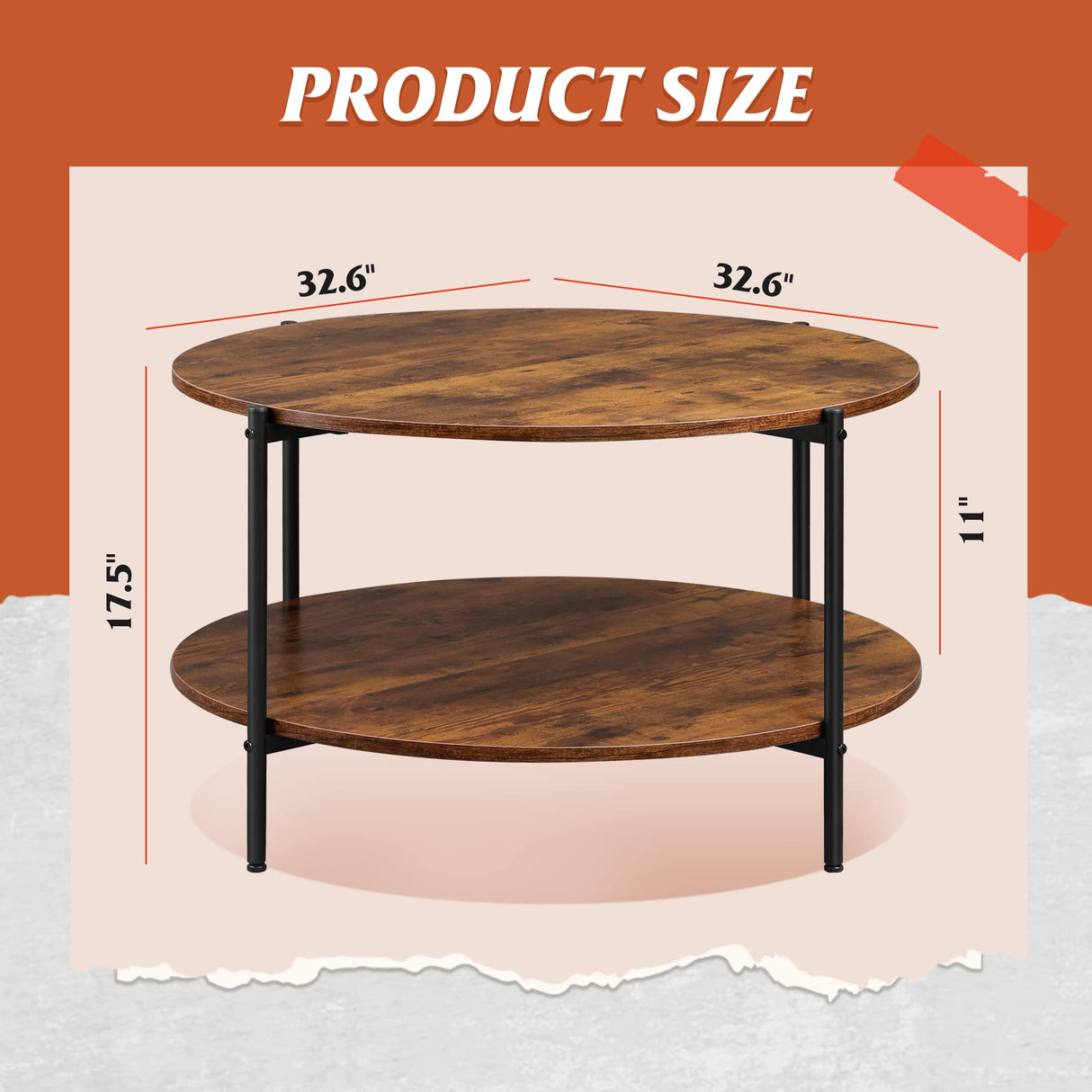 WLIVE Round Coffee Table, Rustic 2-Tier Circle Coffee Table with Open Storage Shelf, Industrial 32.6" Wood Round Center Table for Living Room, Bedroom, Home Office, Rustic Brown WLIVE