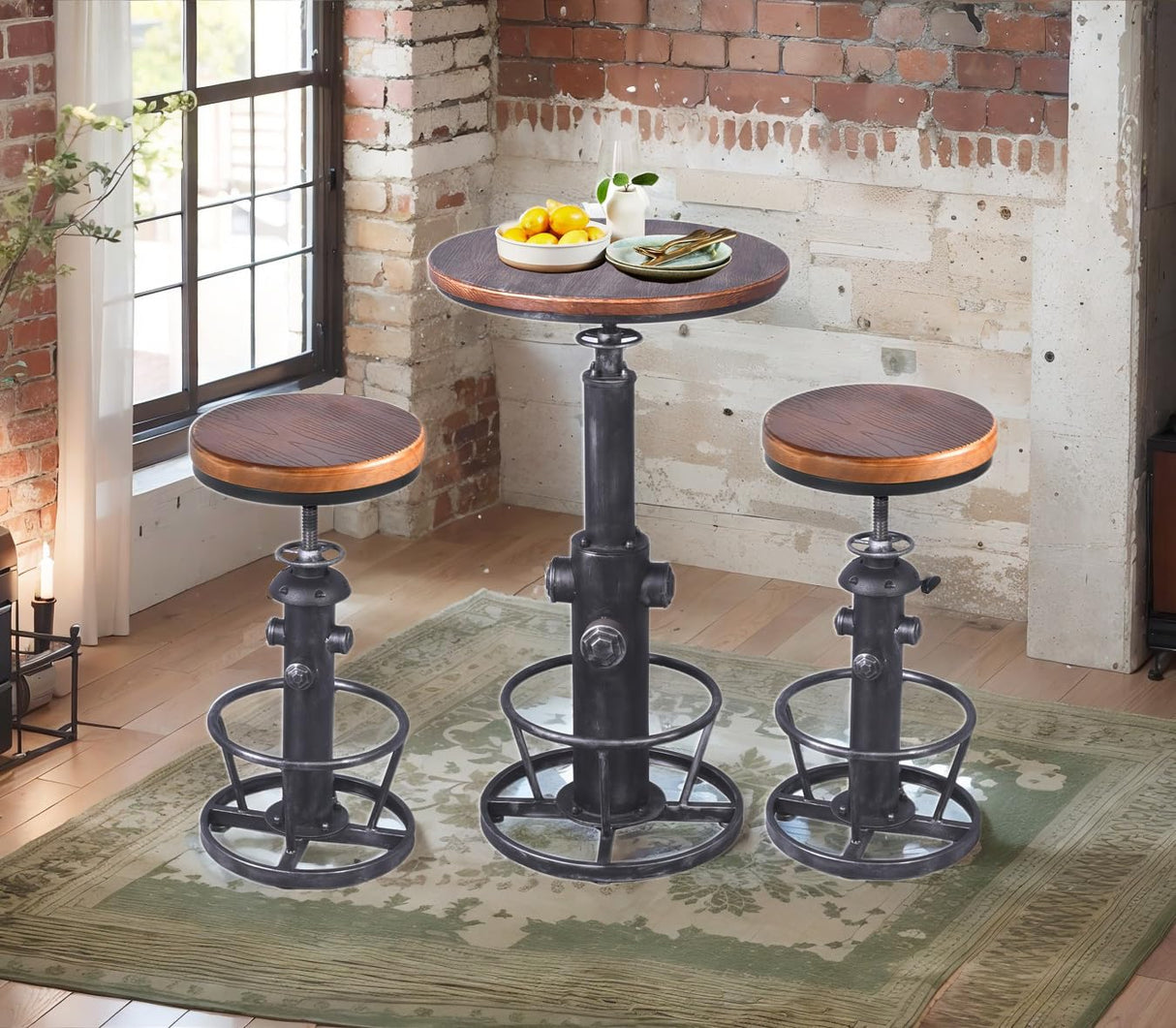 Topower Antique Industrial Round Bottom Adjustable Height Cafe Coffee Retro Vintage Stylish Water Pipe Design Pub Kitchen Bar Stool (Silver, Wooden Top) Topower