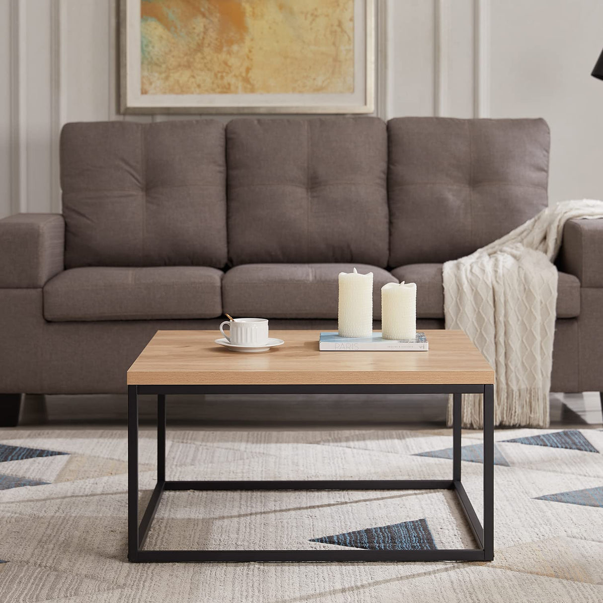 CENSI 30" Square Coffee Table, Natural Oak Light Wood Center Table for Living Room, Modern Industrial Farmhouse Cocktail Table, Extra Thick 1.2" Top with Sturdy Metal Frame, Scandi Style CENSI