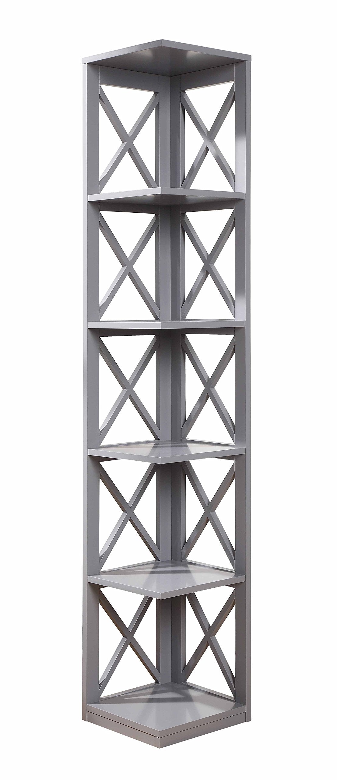 Convenience Concepts Oxford Corner Bookcase 12" - 5-Tier Slim Farmhouse Bookcase for Modern Living & Family Room, Media Storage Organizer for Home Office Library, Tall Shelving Unit, Gray Convenience Concepts