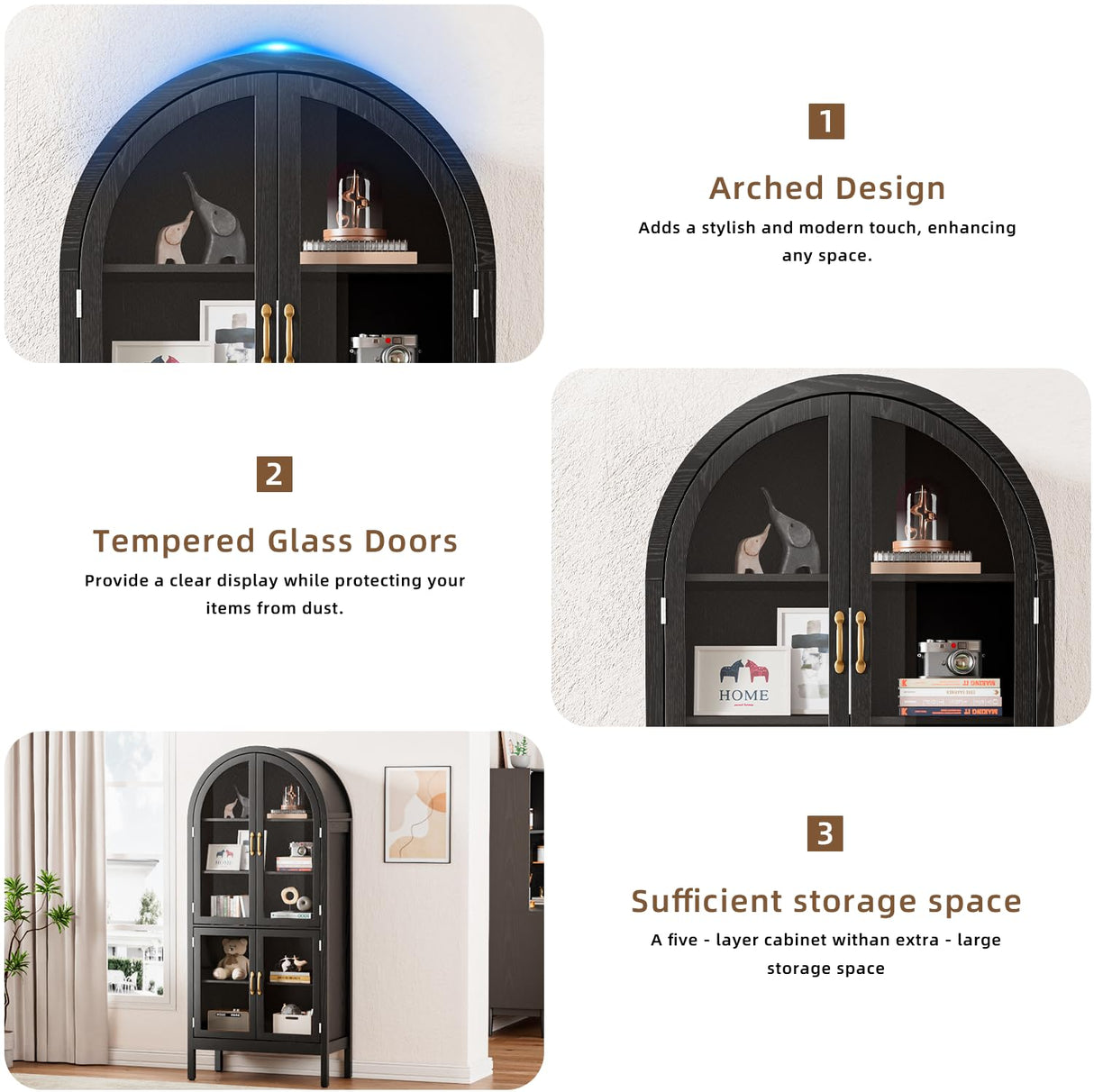 70.9'' Tall Arched Display Cabinet with Acrylic Glass Doors, Modern 5-Tier Arched Bookcase, Kitchen Pantry Storage Cabinet Curio Cabinets for Living Dining Room (Black, 31.5‘’W) Lxsxlome