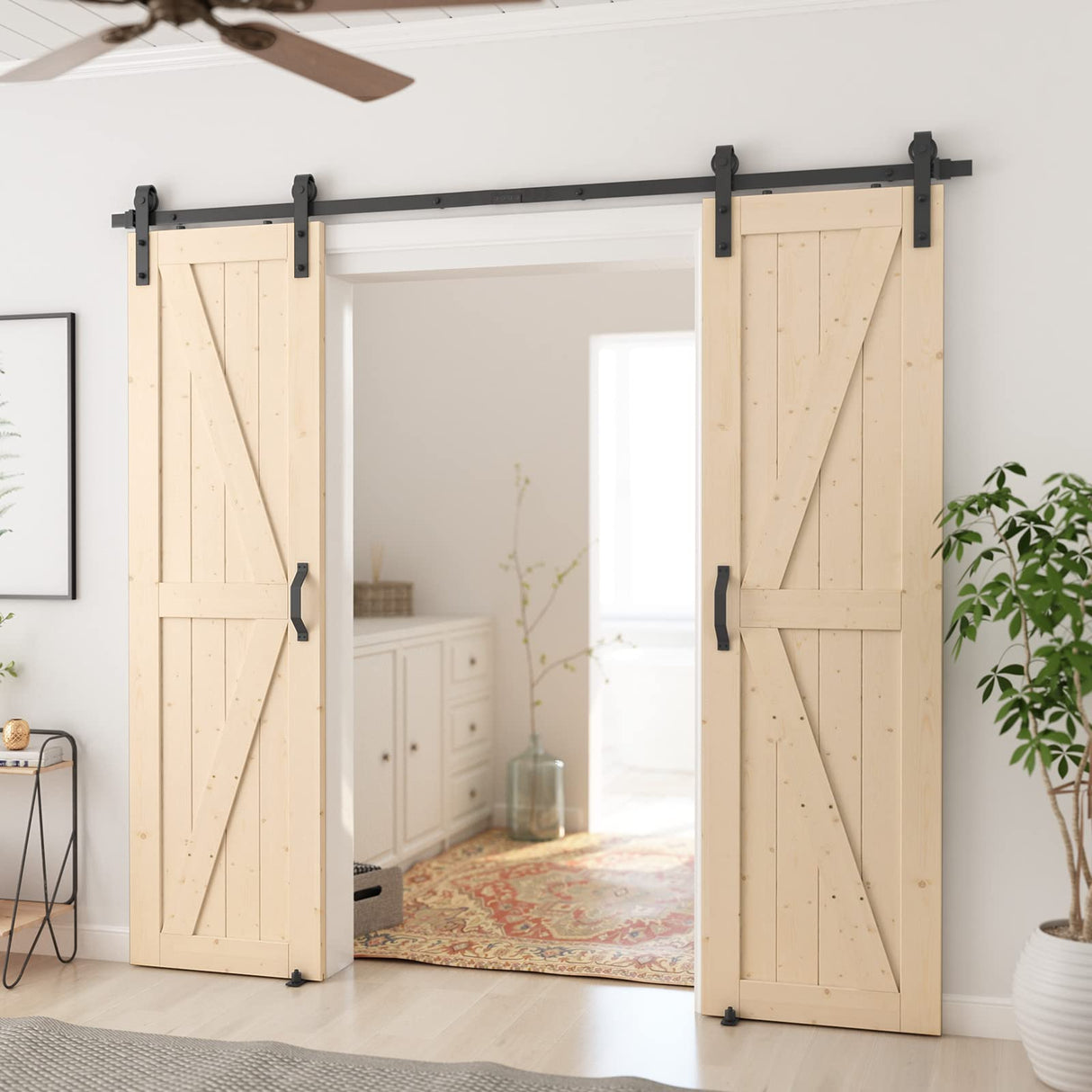 SmartStandard 24in x 84in Sliding Barn Wood Door Pre-Drilled Ready to Assemble, DIY Unfinished Solid Spruce Wood Panelled Slab, Interior Single Door Only, Natural, K-Frame (Fit 4FT Rail) SMARTSTANDARD