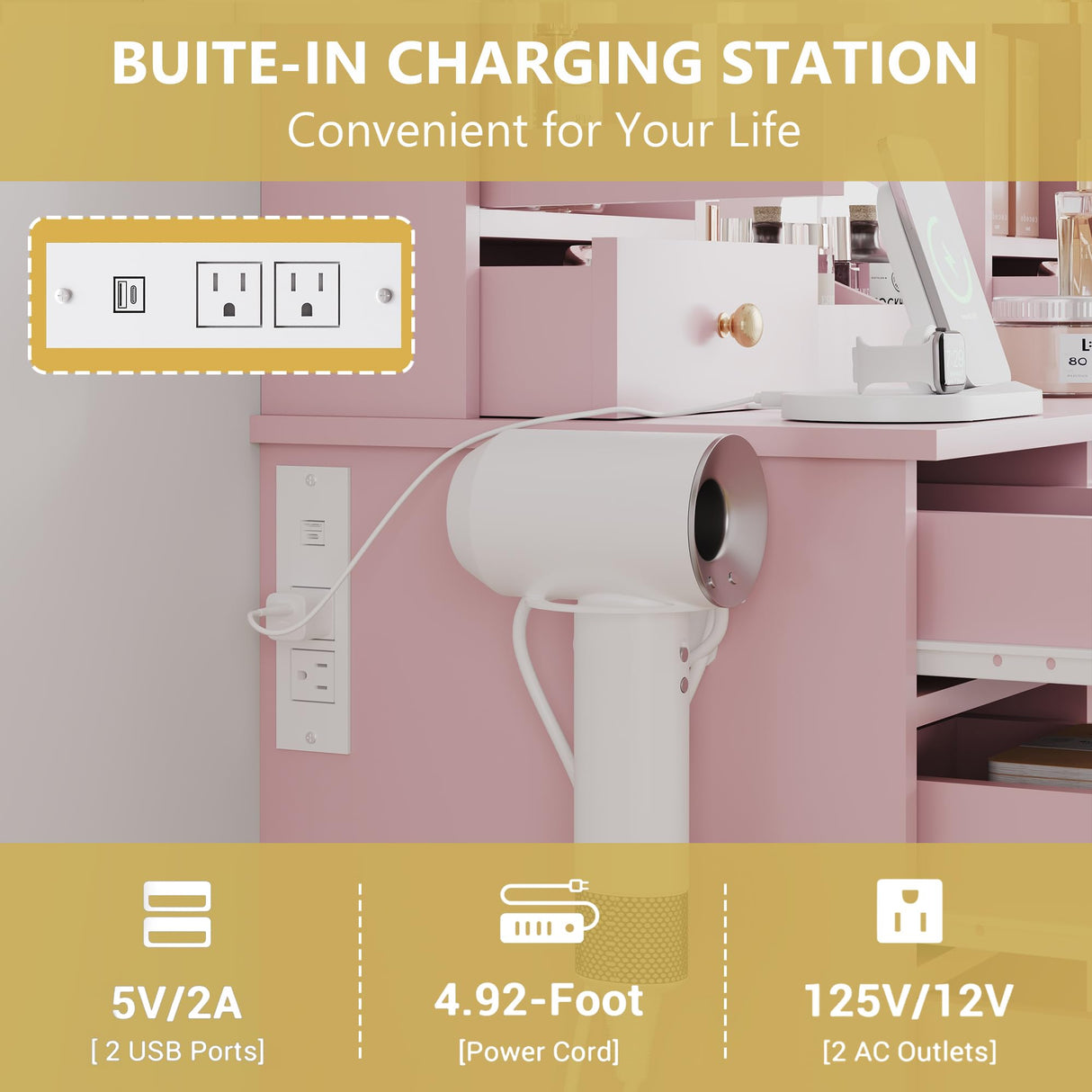 Makeup Vanity Desk with Mirror and Lights, Pink Vanity Table Set with Storage Drawers, Charging Station, Cabinets & Chair, Large Dressing Table with RGB Ambient Light for Women Girls Bedroom Bathroom Xixini