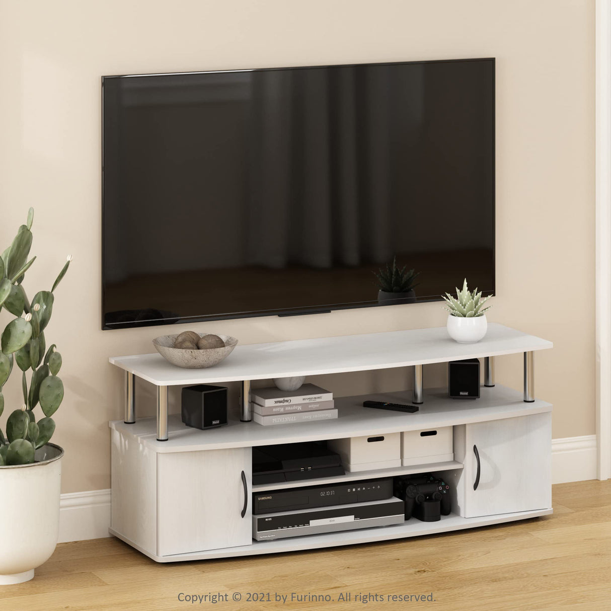 Furinno JAYA Large Entertainment Stand for TV Up to 55 Inch, White Oak/Chrome Furinno