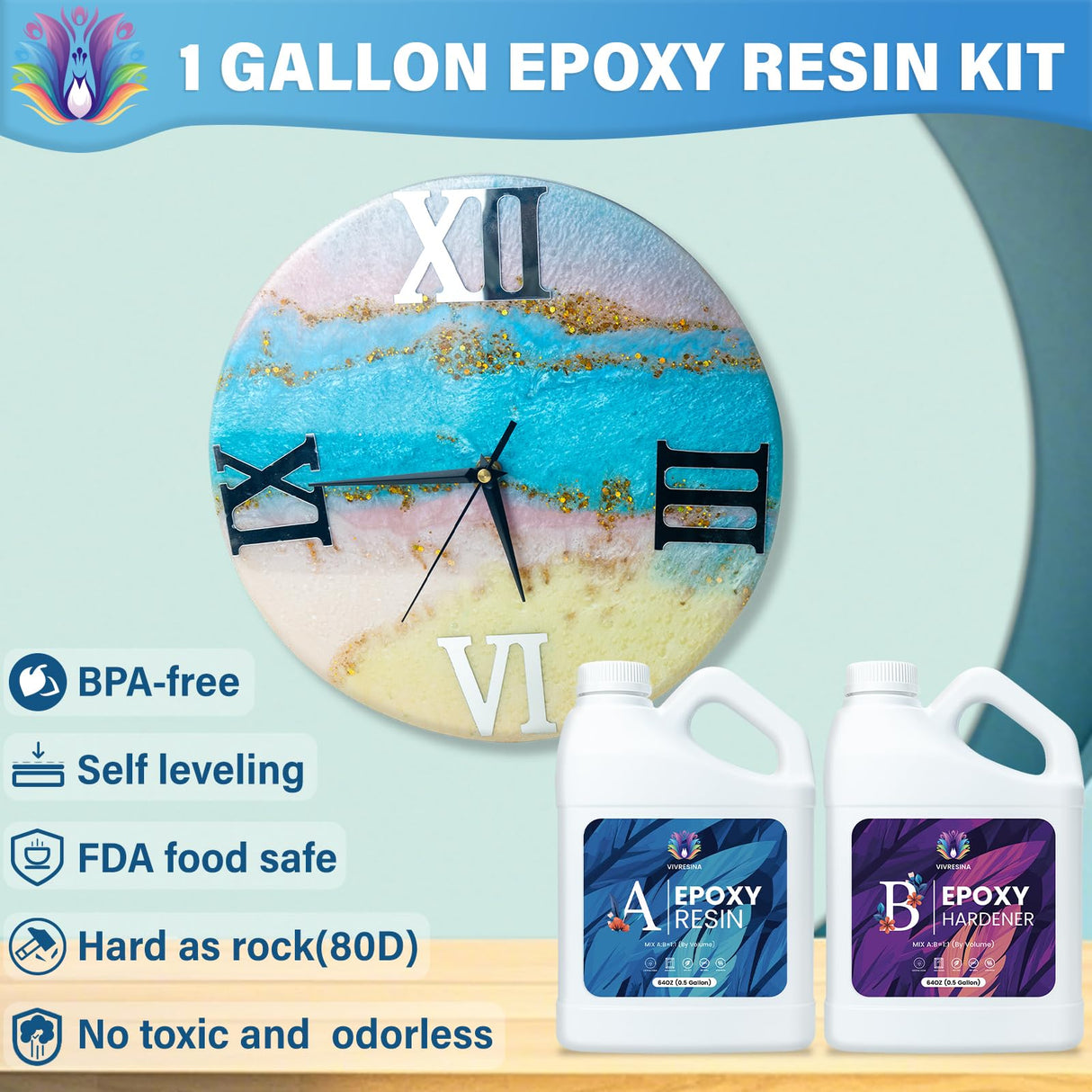 Epoxy Resin 1 Gallon Kit with Pump High Glossy Food Safe Crystal Clear Bubble Free No Yellowing Easy Mix 1:1 for Craft DIY Jewelry Art Casting Vivresina