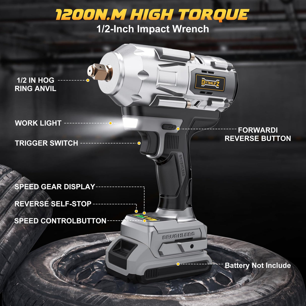Cordless Impact Wrench 1/2 inch for DeWalt 20v Battery, Impact Wrench 900Ft-lbs(1200N.m) High Torque Brushless Electric Impact Gun, Power Impact Driver with 4-Mode Speed, LED Work Light(no battery) DIYtoolifz