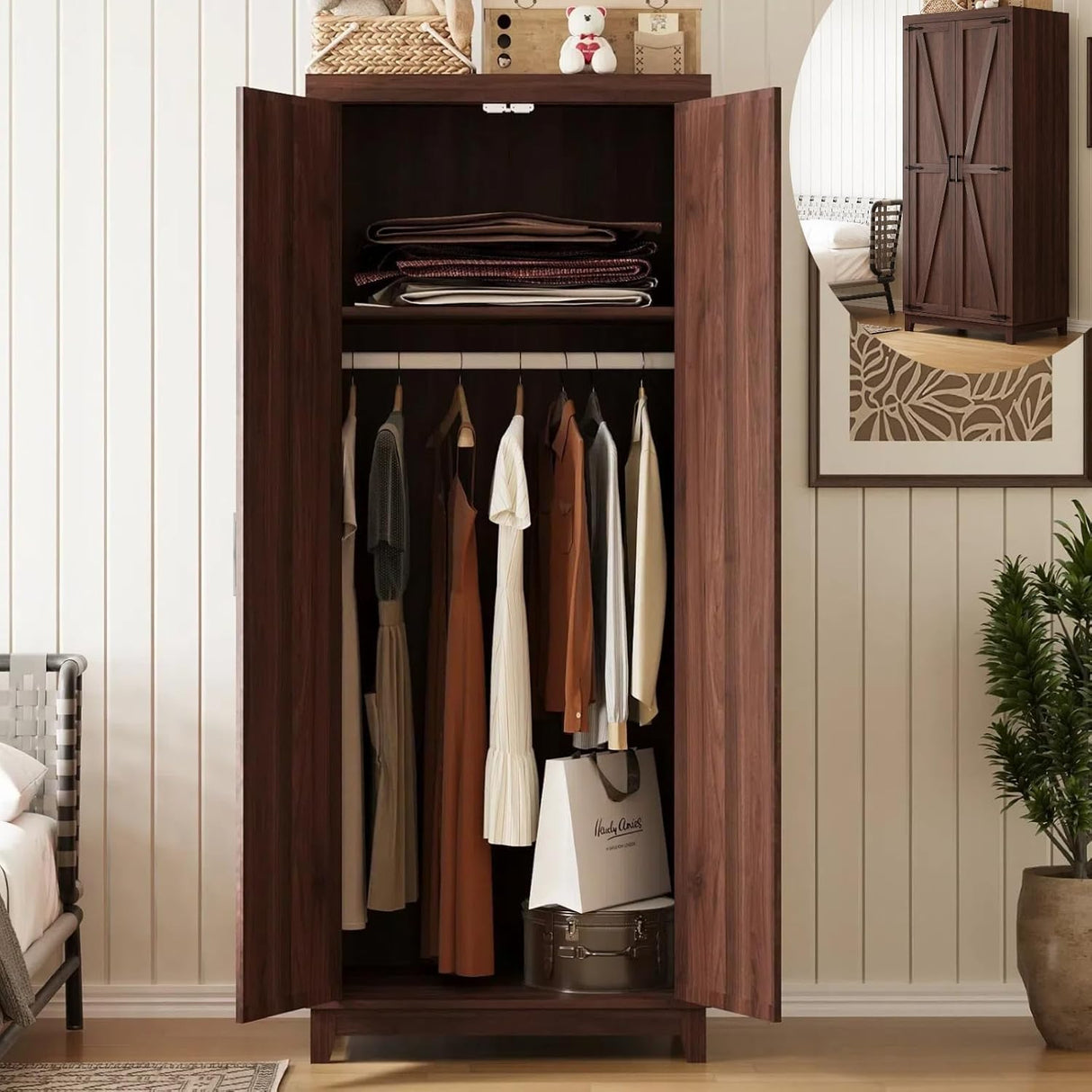 HYDUZ 70" Tall Bedroom Armoire with Hanging Rod for Hanging Clothes, Farmhouse Wooden Wardrobe Closet with Door, Tall Freestanding Clothing Storage Cabinet with Shelf, Espresso HYDUZ