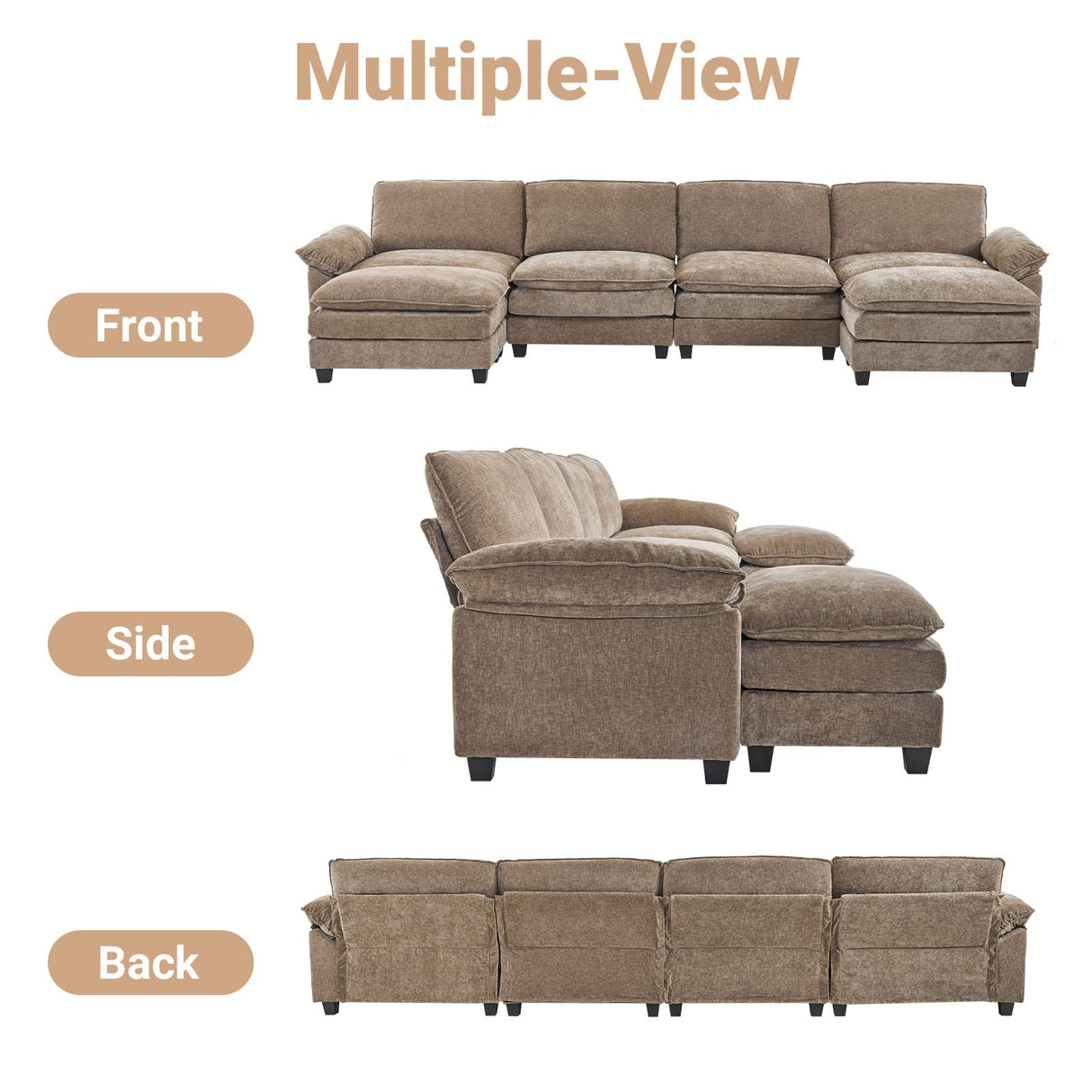 VINGLI 157" Convertible Modular Sectional Sofa with Deep Seat & 2 Movable 2-Layer Ottomans, U-Shape Cloud Sofa with Chaise, Oversized 4-Seater Armrest Couch for Living Room, Chenille, Light-Brown VINGLI