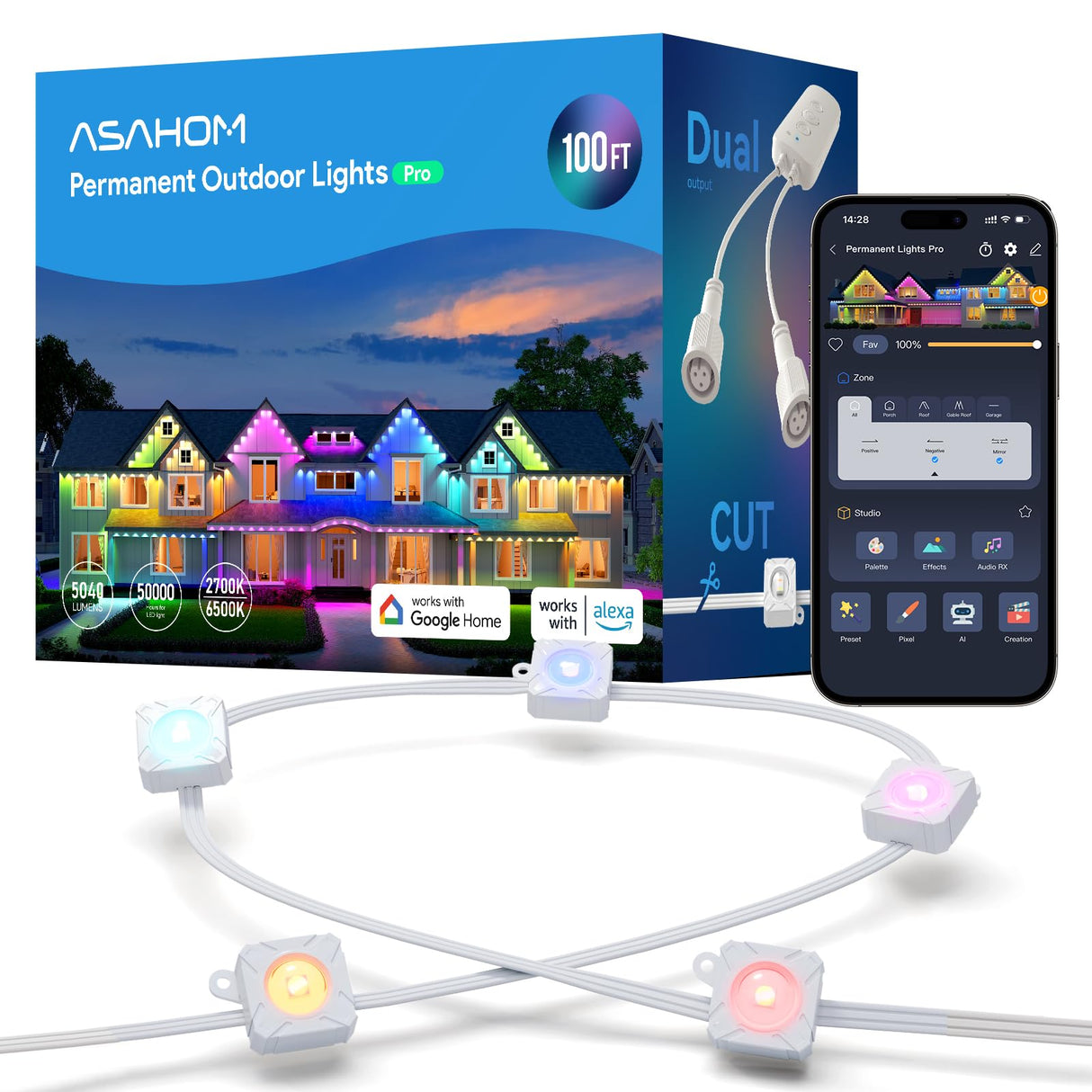 ASAHOM Permanent Outdoor Light Pro S108B, 100FT with 72 RGBCW 70lm LED, WLED Integration, AI Lighting, 30000 Lighting Effect Combination, IP67 Waterproof for Halloween Christmas and Daily Decor, White ASAHOM