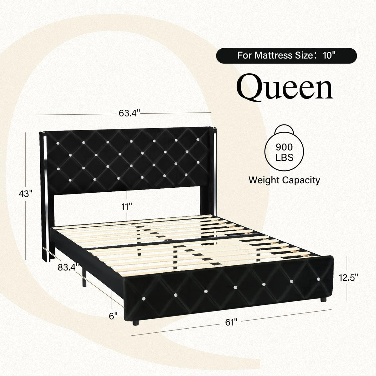 HOMBCK Queen Size Bed Frames with Headboard, Black Velvet Queen Bed Frame with Wingback, Upholstered Bed Frame with Diamond Headboard, Wood Slat Support, No Box Spring Needed, Easy Assembly HOMBCK