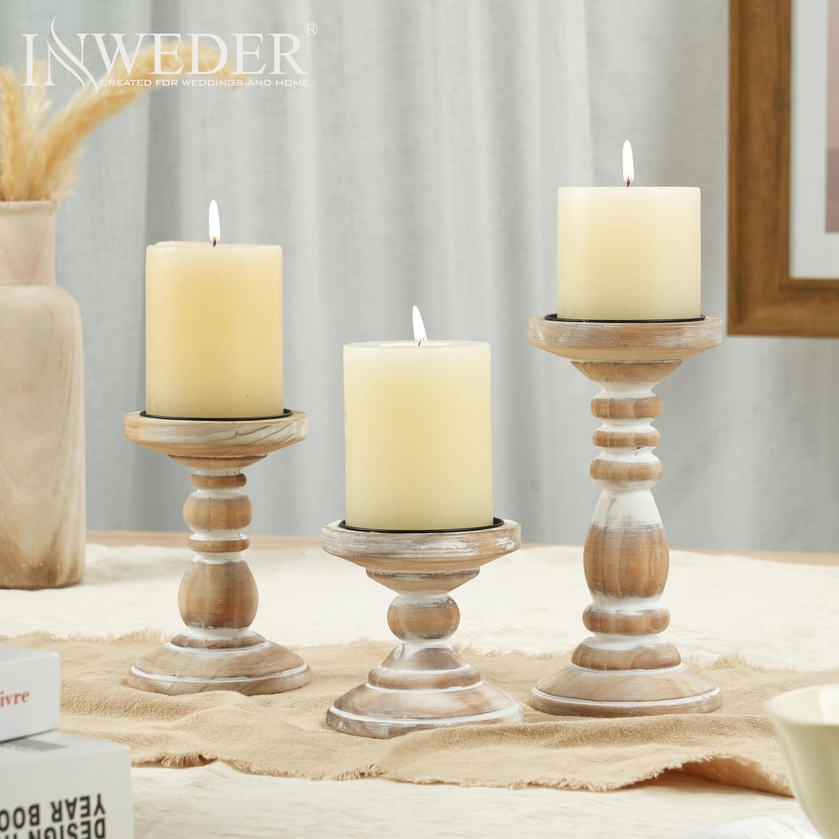 Inweder Wood Pillar Candle Holder: 3Pcs Rustic White Candle Holders for Pillar Candles Wood Candle Holders Distressed Wooden Farmhouse Candle Holder Large Rustic Candle Holder for Fireplace Table Inweder