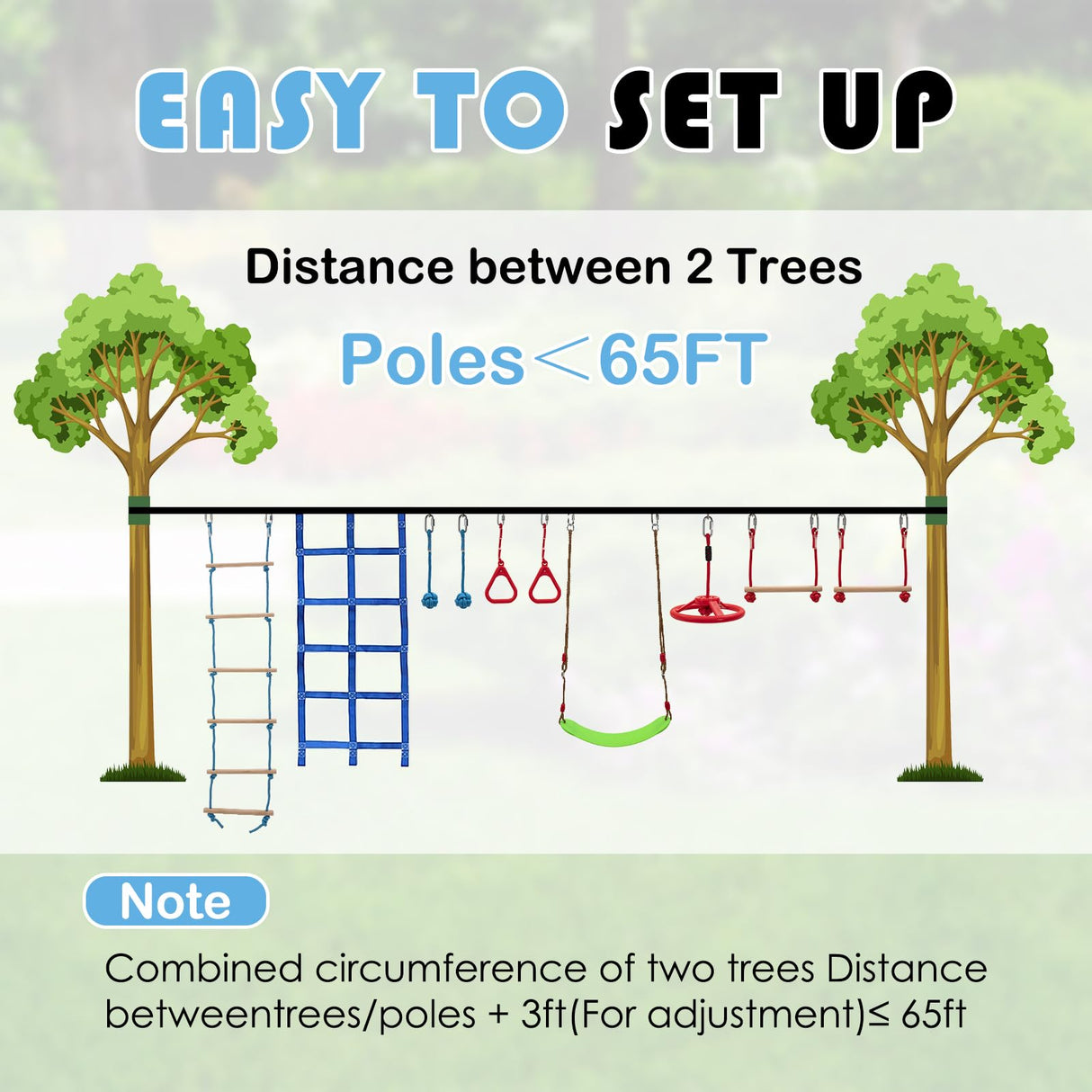 Bronkige Ninja Warrior Obstacle Course for Kids - 10 Outdoor Warrior Obstacles with 65FT Slackline Kit, Monkey Bars, Climbing Net, Swing, Trapeze, Rope Ladder Bronkige