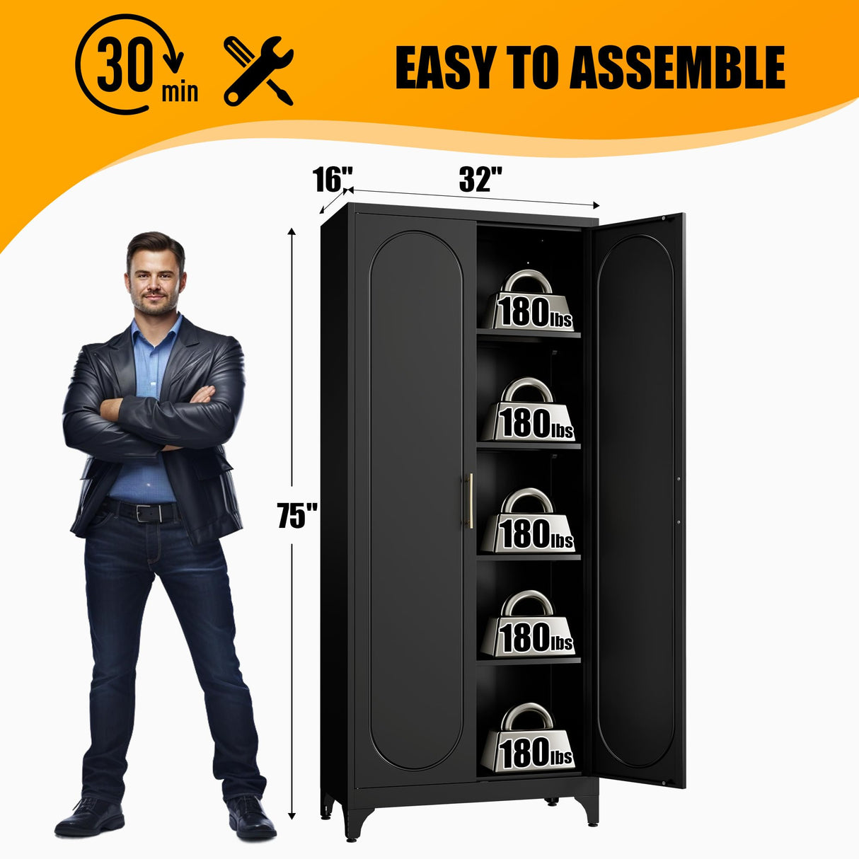 Metal Storage Cabinet with Doors, 75" Tall Kitchen Pantry Storage Cabinets, Black Pantry Cabinets with Adjustable Shelves, Home Office Cabinet, Large Cupboard, High Leveling Feet- Assembly Required MetalMax