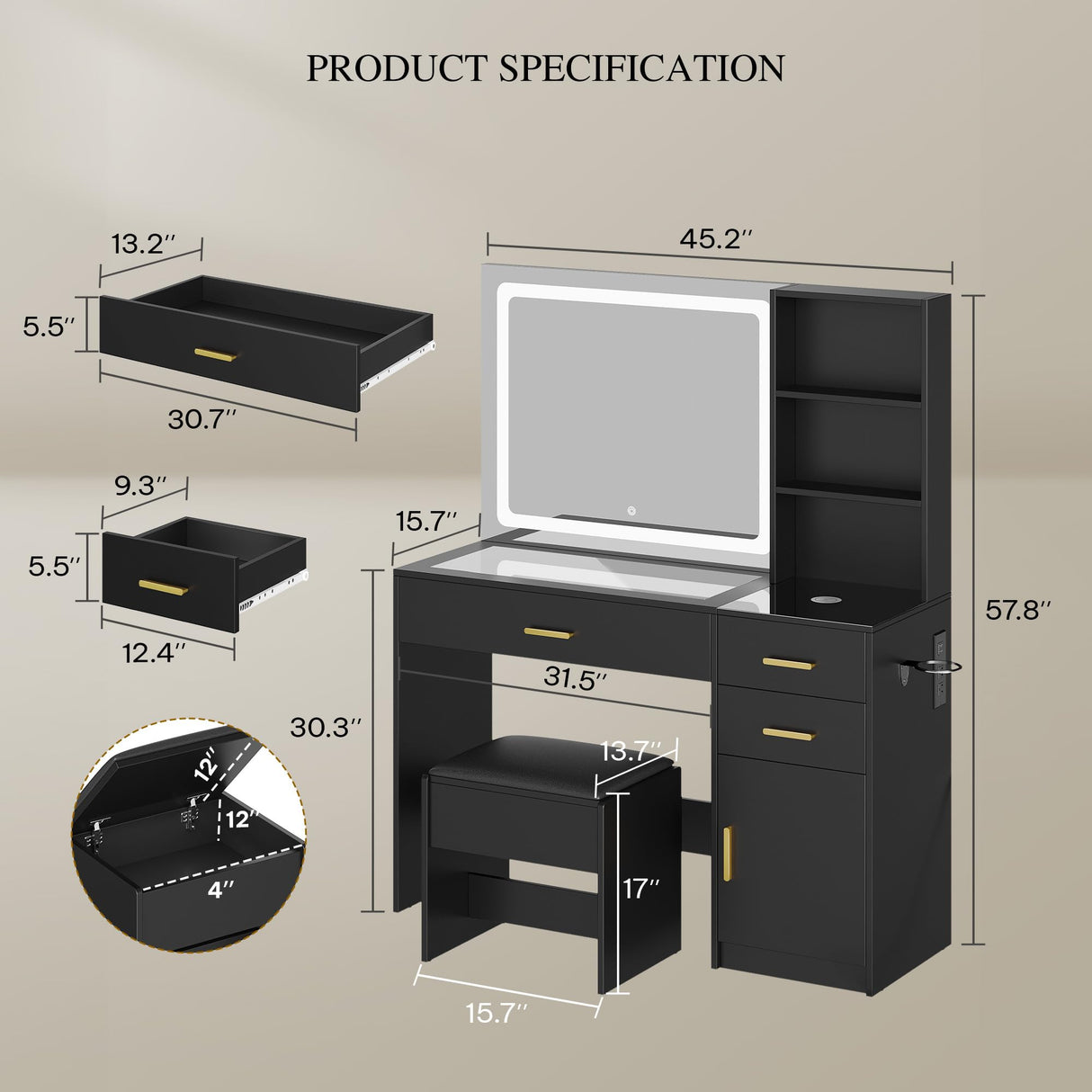 YITAHOME Vanity Desk Set, with Wireless Charging Station &Power Outlet, Vanity Mirror with Tempered Glass Top & Large Storage Spaces Vanity Table Set, Black YITAHOME
