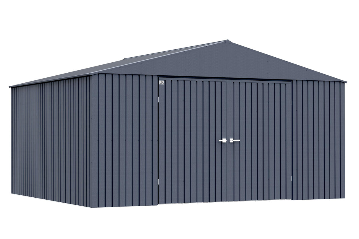 Arrow Shed Elite 14' x 12' Tall Outdoor Steel Storage Shed with High Gable and Lockable Doors Storage Building, Anthracite Arrow