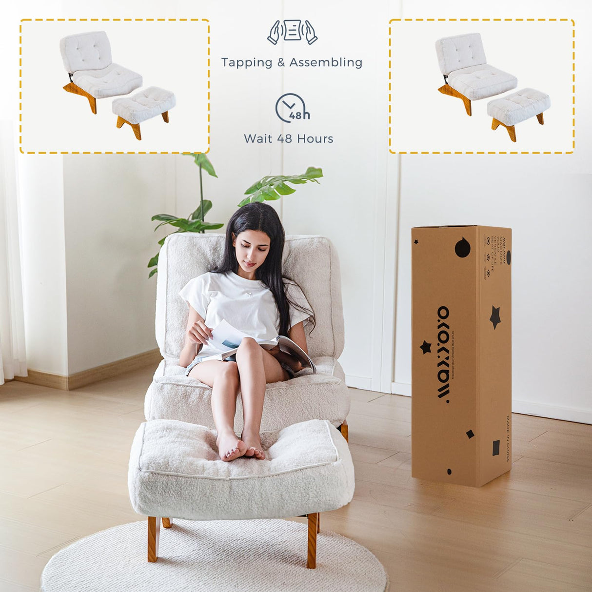 MAXYOYO Adjustable Accent Chair with Ottoman, Thick Cushion Seated Lounge Chair Reclining Chair for Living Room, Cozy Recliner and Footrest Set, Beige MAXYOYO