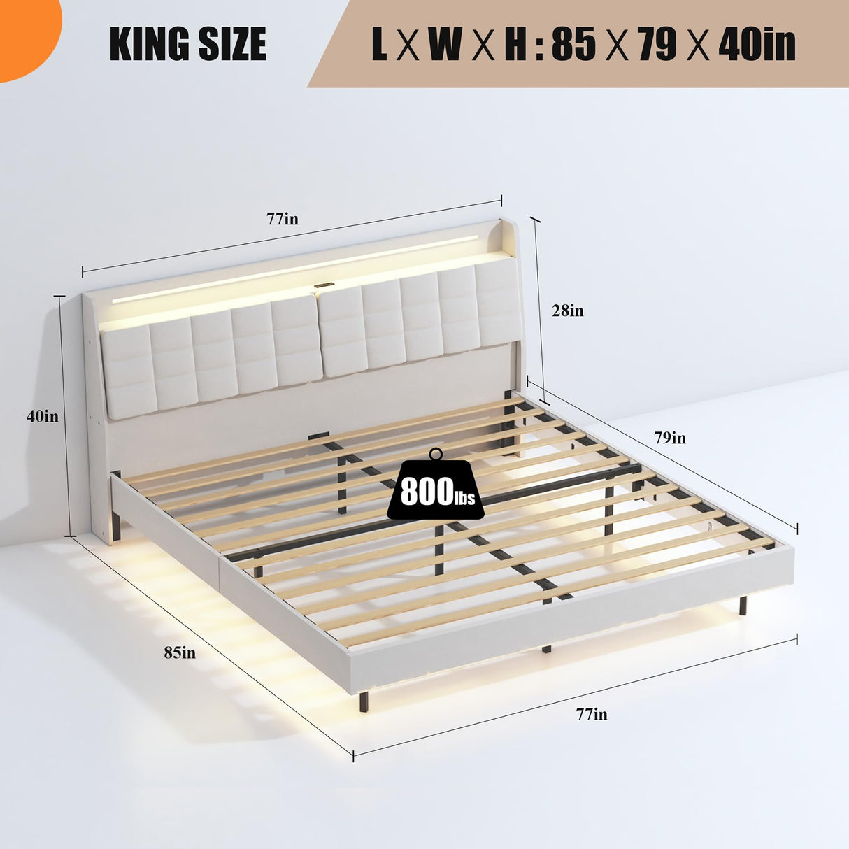 Dreamy Floating King Bed Frame with LED Lights & USB Charging, Beige Upholstered Design Klwenas Maec