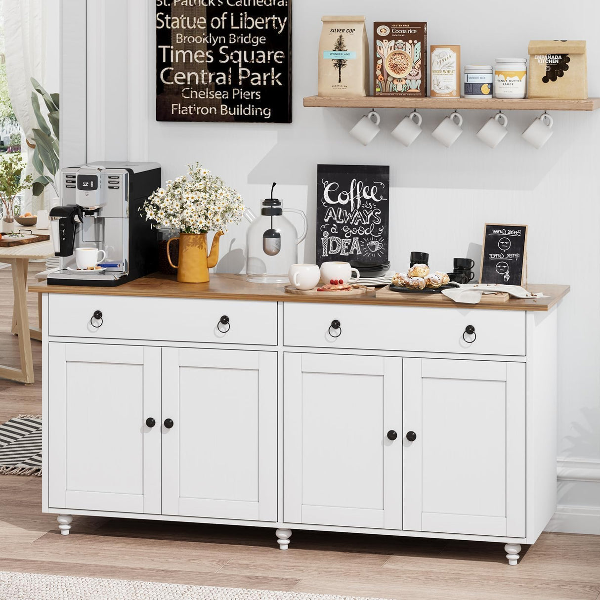 4 EVER WINNER Buffet Cabinet with Storage, 55" Sideboard Buffet Cabinet with 2 Drawers and 4 Doors, Modern Farmhouse Coffee Bar Cabinets, Wood Buffet Table for Kitchen, Dining Room, White 4 EVER WINNER
