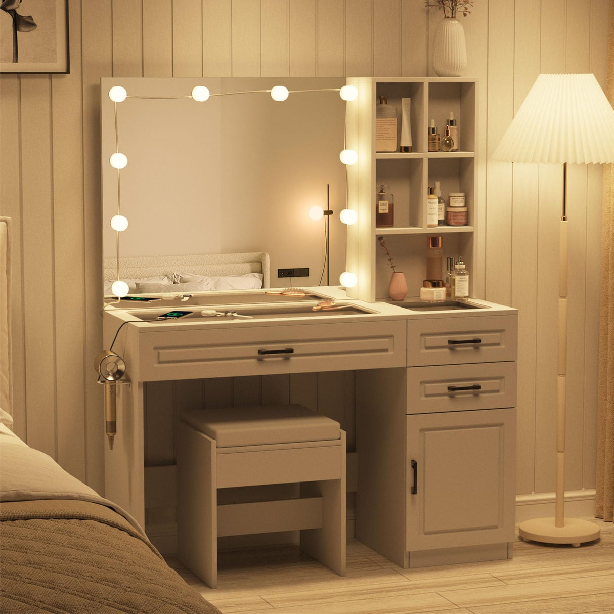 Fameill Vanity Desk with Lighted Mirror & Power Strip,Large Vanity Table with Glass top and Lots Storage,3 Drawer Makeup Desk with Hair Dryer Stand,3 Lighting Modes,White Fameill