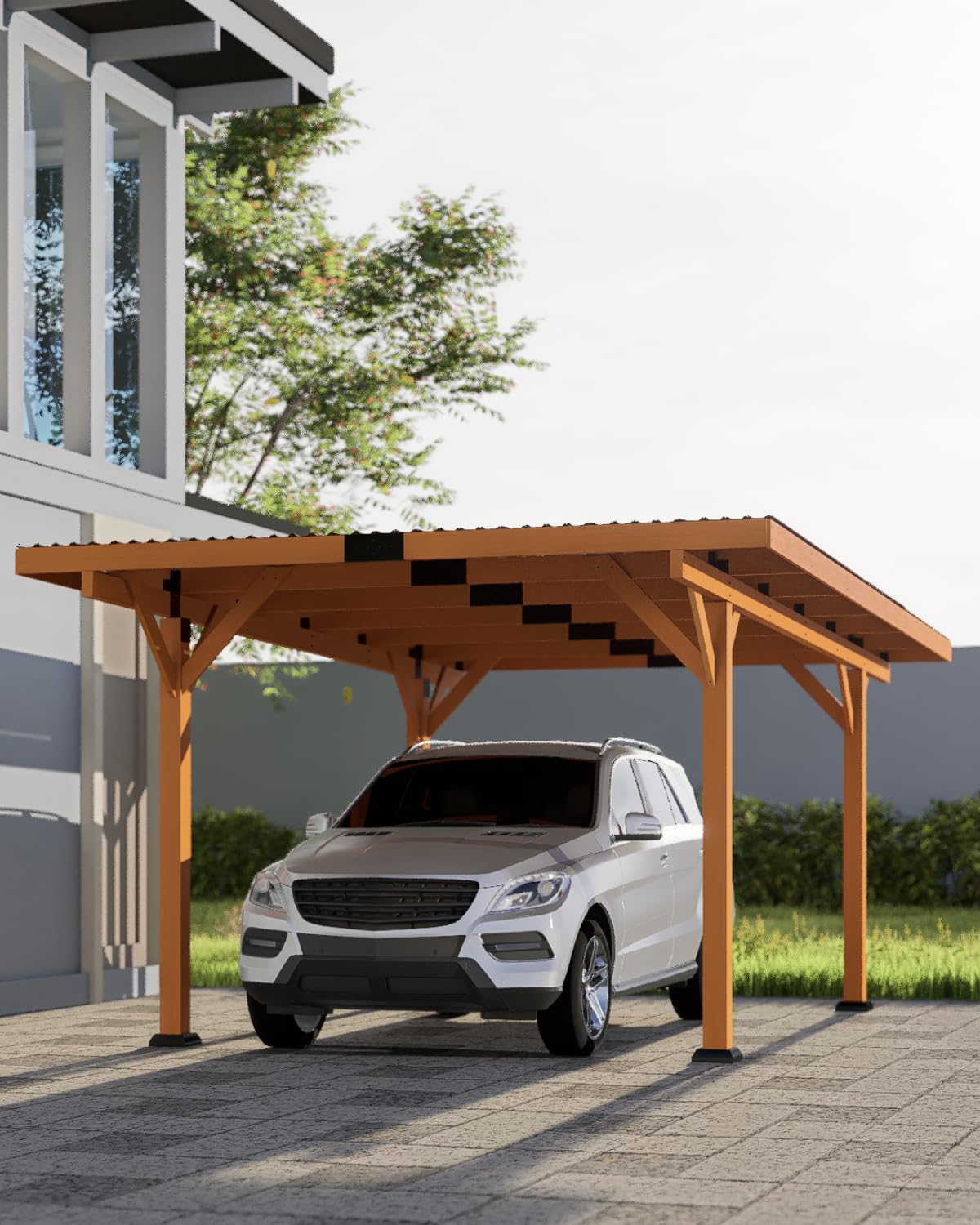 Beneouya 18.3 x 12.6 x 7.8 FT Carport, Wood Outdoor Gazebo Pavilion with Hardtop Sloped Steel Roof, Heavy Duty Waterproof Car Port for Backyard, Patio, Deck and Lawn Beneouya