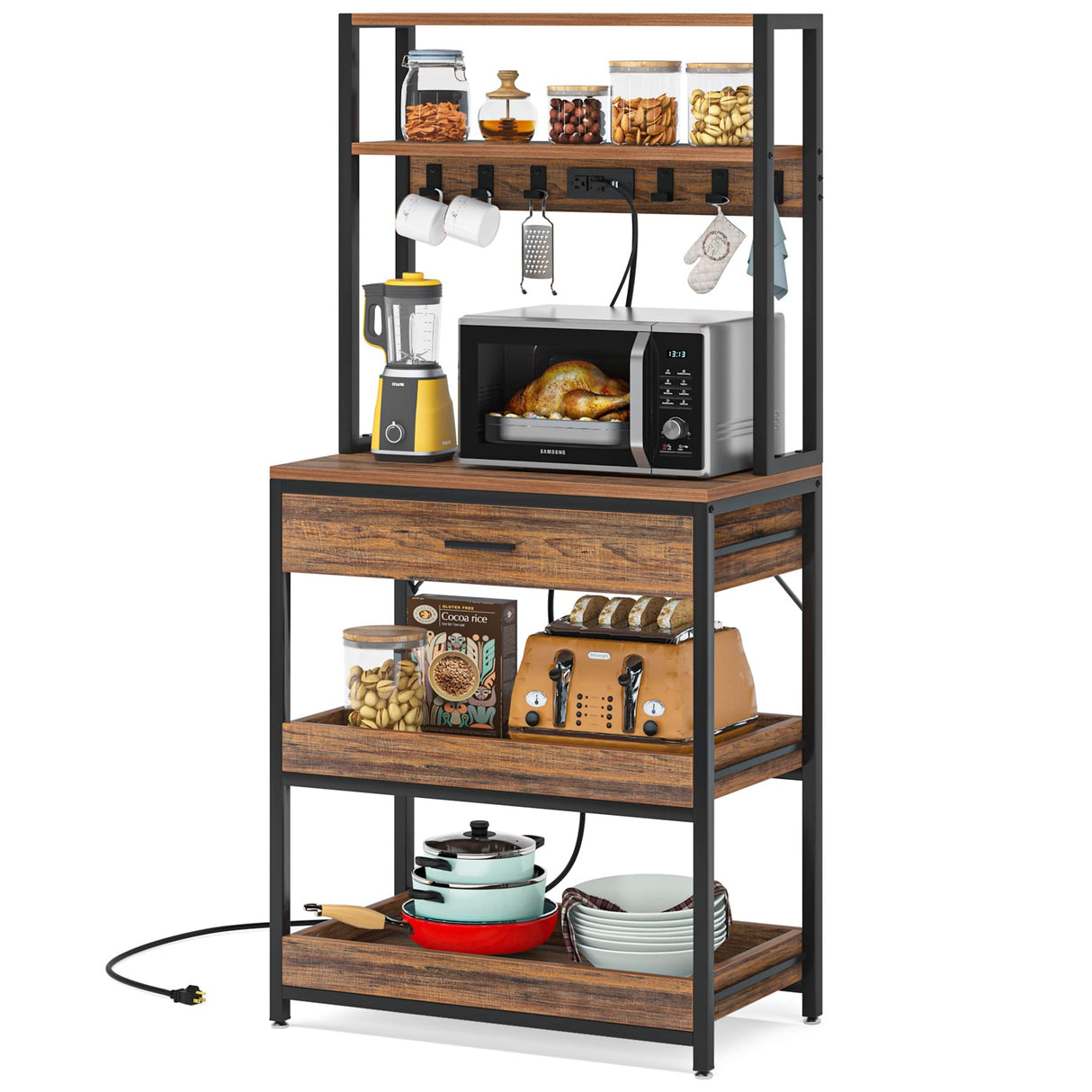 LITTLE TREE Kitchen Baker’s Rack with Power Outlets, Freestanding 5-Tier Microwave Stand with Drawers & Sliding Shelves, Coffee Bar with 6 Hooks for Dining Room Living Room, Rustic Brown LITTLE TREE