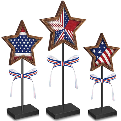 Yinkin 3 Pcs 4th of July Patriotic Table Decorations Rustic Standing Star Block Wooden Star Centerpieces for Tables Memorial Day Decorations Independence Day Tiered Tray Decor (American Flag Style)