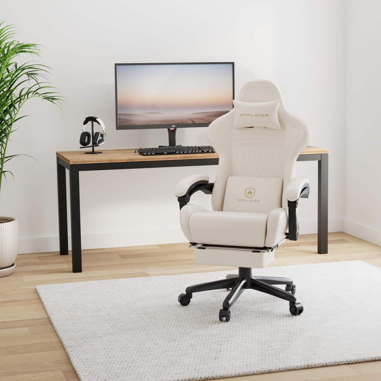 GTPLAYER Gaming Chair, Computer Chair with Footrest and Bluetooth Speakers, High Back Ergonomic Gaming Chair, Reclining Gaming Chair with Linkage Armrests for Adults by GTRacing (Leather, Ivory) GTPLAYER