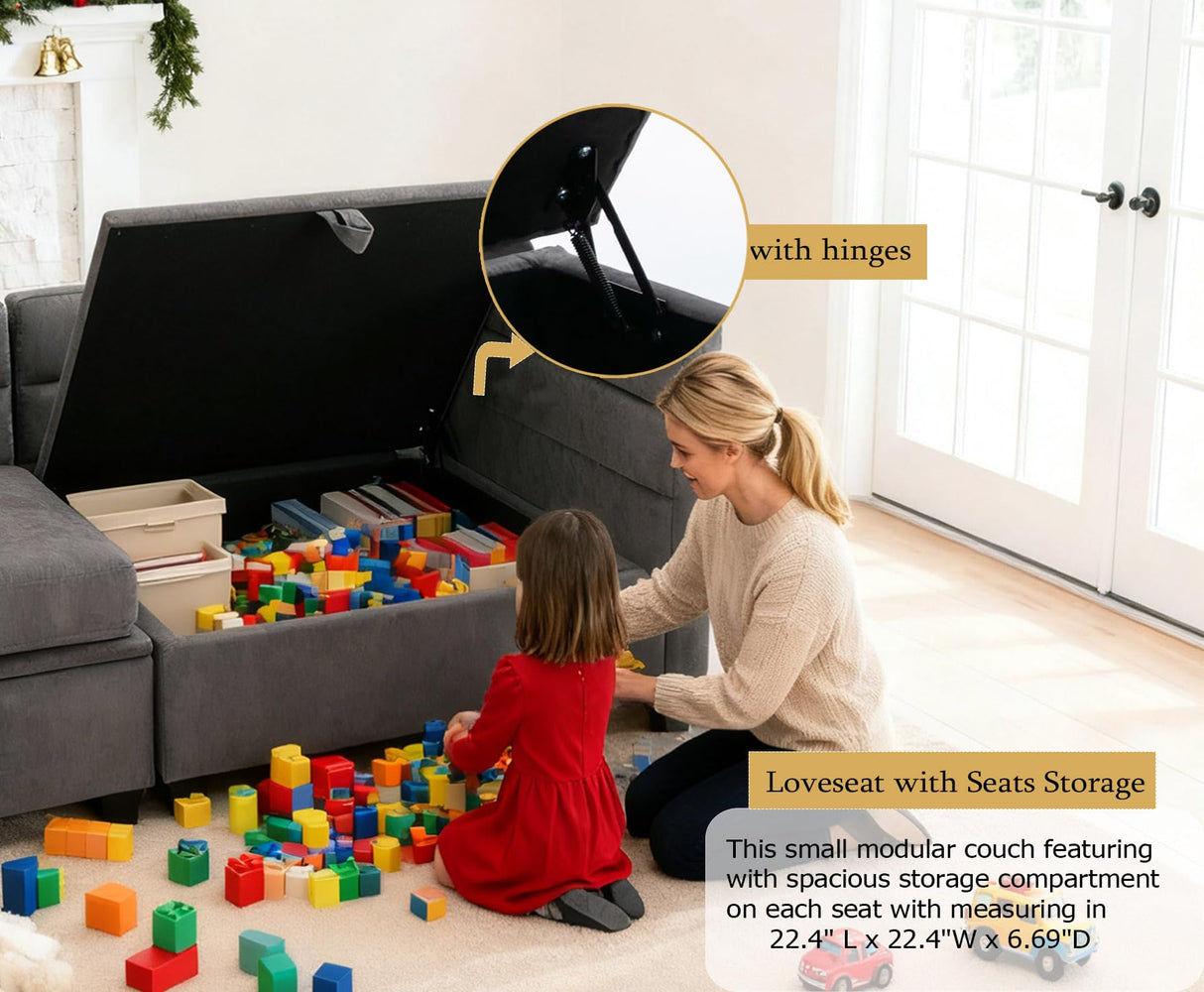 asunflower Loveseat with Storage Seats Modular Sectional Small Couch for Small Spaces with Reclining Arms and Backs 2 Seater Couch Mini Sofa Love Seat for Bedroom,Dorm Room, Living Room(Grey) asunflower