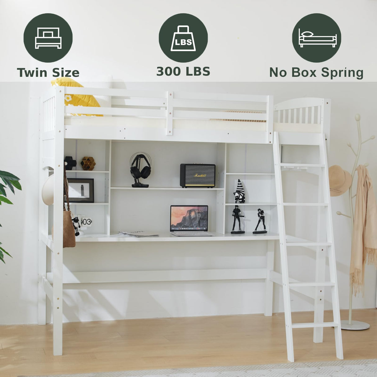 VINGLI Space-Saving Twin Loft Bed with Desk & Bookshelf for Kids and Teens VINGLI